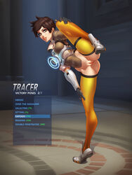 bottomless brown_hair earrings female female_only fxnative gloves jacket leg_up overwatch parted_lips pussy short_hair solo solo_female spiked_hair spread_legs thighhighs tracer uncensored yellow_eyes rating:Explicit score:178 user:bot