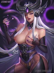 1girls citemer cleavage large_breasts league_of_legends long_fingernails nail_polish purple_eyes purple_nails silver_hair solo syndra rating:Explicit score:239 user:moose267