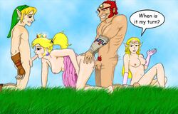 blonde_hair crossover crown dark-skinned_male doggystyle_position drawn earrings english_text female fingerless_gloves ganondorf ganondorf_(ocarina_of_time) gloves human link link_(ocarina_of_time) long_blonde_hair long_hair male mario_(series) nintendo obfuscar opera_gloves princess_peach princess_zelda sex speech_bubble spitroast super_smash_bros. super_smash_bros._melee text the_legend_of_zelda the_legend_of_zelda:_ocarina_of_time waiting waiting_for_turn zelda_(ocarina_of_time) rating:Explicit score:14 user:bot