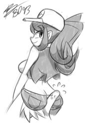 ass ass_cleavage bigdeadalive breasts butt_crack buttjob female hilda_(pokemon) looking_back monochrome nintendo pokemon pokemon_bw shorts smile solo suggestive white_background rating:Explicit score:40 user:bot