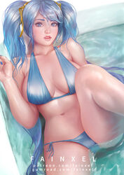 1girls big_breasts bikini blue_eyes blue_hair breasts cleavage fainxel female female_only league_of_legends leg_up light_skin looking_at_viewer lying_on_back parted_lips pool ribbons solo sona_buvelle twintails water rating:Questionable score:66 user:justausername