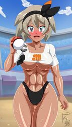 2020 abs artist_signature bea_(pokemon) big_breasts black_panties blue_sky blush cleavage clothing clouds crop_top crowd dark-skinned_female dark_skin dated game_freak gray_eyes gray_hair hair_between_eyes hair_bow holding_pokéball hourglass_figure looking_at_viewer muscles muscular muscular_female navel nintendo open_mouth outdoors pk-studios pokeball pokemon pokemon_ss public saitou_(pokemon) short_gray_hair short_hair signature sky smile smiling solo stadium standing sweat sweatdrop sweating sweaty sweaty_belly sweaty_breasts sweaty_thighs thick_thighs tongue underboob rating:Explicit score:76 user:deleted5160