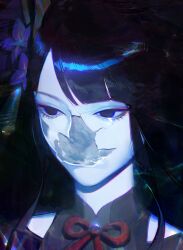  artist_name black_background black_eyes black_hair cracked_skin elodeas female genshin_impact hair_ornament highres long_hair pale_skin portrait raiden_shogun solo  rating:questionable score: user:bot