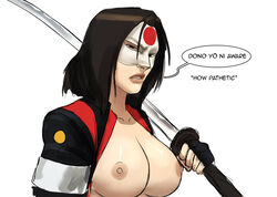 1girls black_hair blank_background boobs breast_outside breasts dc dc_extended_universe dialogue english_text female female_only jacket katana katana_(dc) large_breasts lips looking_at_viewer mask naavs nipples outsiders short_hair simple_background solo suicide_squad tagme tatsu_yamashiro text tits white_background rating:Explicit score:65 user:Bart