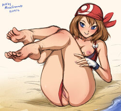 1girls areolae artist_name bandana beach blue_eyes breasts brown_hair feet female female_only fingerless_gloves gloves human human_only labia legs_up may_(pokemon) medium_breasts minacream nintendo nipples panties_aside parted_lips pokemon pokemon_rse pussy smile solo toes uncensored water rating:Explicit score:280 user:bot