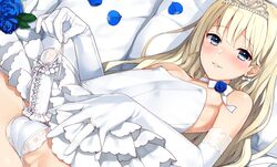 1boy balls_in_panties bare_shoulders bed blonde_hair blue_eyes bride bulge crossdressing dress elbow_gloves erection erection_under_clothes femboy femoby_bride gloves jewelry long_hair lying male male_bride male_only nemunemu_(candy_paddle) on_back original panties penis penis_under_clothes ring short_dress smile solo spread_legs strapless strapless_dress tiara trap trap_bride underwear wedding_band wedding_dress white_dress white_panties rating:Explicit score:126 user:bot