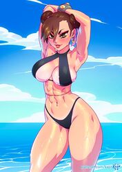 1girls amber_eyes armpits arms_up big_breasts bikini blush breasts brown_hair capcom chun-li clothing earrings female female_only hair kajinman solo street_fighter tagme text thighs video_games water wet rating:Questionable score:138 user:EdgySexy