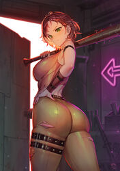 1girls absurdres arm_strap ass bare_shoulders baseball_bat belt big_ass breasts brown_hair bubble_butt butt cait_(fallout) celtic corset curly_hair detailed_background fallout fallout_4 female female_only gauntlet ginger ginger_hair green_eyes high_resolution highres holding holding_weapon human large_breasts light-skinned_female looking_at_viewer looking_back nail nail_bat nailed_bat neon_sign over_shoulder post_apocalyptic punk red_hair sci-fi science_fiction scifi short_hair sideboob skin_tight solo spiked_baseball_bat suerte thigh_strap thighs tight_clothing tight_pants torn_clothes very_high_resolution vest weapon rating:Questionable score:663 user:TwinkieLord