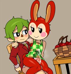 1boy 1girls animal_crossing animal_crossing_boy anthro balls blush bottomless bunnie_(animal_crossing) captain_kirb chair chair_position cherry cum cum_through_clothes female female_on_top flat_chest fur furry green_hair hair half-closed_eyes human human_on_anthro male nintendo outercourse penis rabbit red_fur sitting smile straight thick_thighs thigh_sex under_clothes villager_(animal_crossing) rating:Explicit score:72 user:bobfred