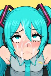 afrobull_(style) ai_generated annoyed blue_eyes blue_hair blushing cum cum_on_face cumshot facial frowning hatsune_miku rating:Explicit score:360 user:splashing