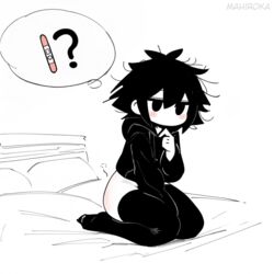  1boy ? after_anal ahoge ai_generated ass black_hoodie black_thighhighs blush chibi collarbone cute doomer_boy feet femboy hand_between_legs hand_up kneeling leaning_forward mahiroka messy_hair monochrome on_bed pale-skinned_male pale_skin pelvic_line pregnancy_test self_upload signature sketch solo spank_marks spot_color thighhighs thighs thinking thought_bubble tired white_background wide_sleeves  rating:explicit score: user:mahiroka