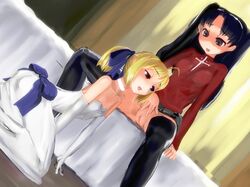 2girls ahoge artoria_pendragon bare_shoulders black_hair black_legwear black_socks black_thighhighs blonde_hair blue_eyes blush bottomless brown_eyes choker cross cunnilingus dress dutch_angle elbow_gloves fate/stay_night fate_(series) female female_only femdom gasketsu gloves hair_ribbon highres human long_hair looking_down mammal multiple_girls no_panties open_mouth oral ponytail pussy ribbon saber saliva saliva_trail sitting skirt smile socks spread_legs straight_hair thigh_socks thighhighs tied_hair tohsaka_rin twintails type-moon uncensored wedding_dress yuri rating:Explicit score:129 user:bot