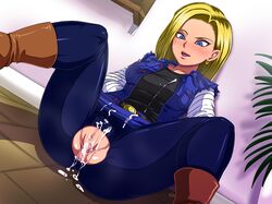 after_sex android_18 anus blonde_hair blue_eyes blush boots censored cum cum_inside cum_on_clothes denim_jacket dragon_ball dragon_ball_z earrings female jewelry krillin kuririn latex open_mouth pantyhose pussy raburebo saliva solo spread_legs straight_hair sweat torn_clothes torn_pantyhose rating:Explicit score:196 user:bot