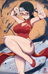 1girls armwear big_breasts black_hair boruto:_naruto_next_generations breasts chinese_clothes chinese_dress cleavage dress eyewear female female_only footwear glasses hair headwear high_heels huge_breasts legs naruto naruto_(series) nightmare_hdraw pose posing red_dress red_eyes red_glasses sarada_uchiha solo solo_female thick_thighs thighs year_of_the_dragon rating:Questionable score:95 user:daft_human