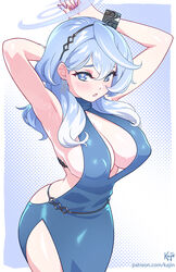 1girls ako_(blue_archive) ako_(dress)_(blue_archive) arms_behind_head arms_up bare_arms bare_shoulders big_breasts blue_archive blue_eyes blue_hair blush clothed clothing color female female_focus female_only gehenna_academy_student hi_res jewelry kajinman large_breasts light-skinned_female light_skin long_hair looking_at_viewer nipples_visible_through_clothing prefect_team_(blue_archive) solo solo_female sweat tagme thick_thighs rating:Explicit score:99 user:Gigiti