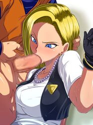 1girls :>= android_18 blonde_hair blue_eyes bracelet breast_press breasts censored dragon_ball dragon_ball_z earrings eyeliner fellatio female fingernails gloves gold_earrings hand_on_head highres human jewelry krillin kuririn lipstick makeup male milf necklace oral pearl_necklace penis raburebo straight sweat vacuum_fellatio rating:Explicit score:256 user:bot