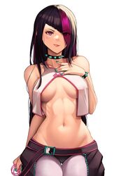 1girls 2023 bangs belly_button black_hair breasts capcom dark_hair eyes_visible_through_hair female femme_fatale juri_han luxpineapple medium_breasts multicolored_hair simple_background solo stomach street_fighter wide_hips rating:Questionable score:50 user:OmegaIX