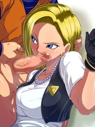 1girls android_18 blonde_hair blue_eyes breast_press breasts censored dragon_ball dragon_ball_z earring earrings female fingernails gloves hand_on_head highres jewelry krillin kuririn necklace penis raburebo straight_hair sweat rating:Explicit score:88 user:bot