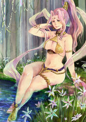 breasts clothing curvy jeane jewelry loincloth purple_hair scarf smile suikoden thighs water rating:Questionable score:19 user:punkmaster