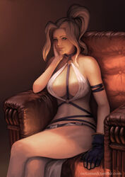 breasts clothing gloves jeane large_breasts sitting smile suikoden thighs white_hair yellow_eyes rating:Questionable score:21 user:punkmaster