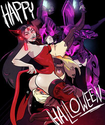 2d 3girls alternate_costume armor ass blonde_hair blue_eyes blush breasts breasts_out cleavage covered_breasts cunnilingus dress facesitting female female_only glowing_eyes grey_skin halloween high_heels holding_legs looking_at_viewer looking_back mercy my_pet_tentacle_monster no_panties oral overwatch pharah possessed_pharah pussy red_eyes spread_legs symmetra thighhighs tongue tongue_out vampire vampire_symmetra white_eyes witch witch_hat witch_mercy yuri rating:Explicit score:122 user:justausername