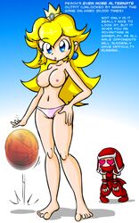 1boy 1girls artist_request ball barefoot basketball blonde_hair blue_eyes breasts crown earrings feet female heart heart_eyes human jewelry long_hair male mario_(series) mario_hoops_3_on_3 mostly_nude navel ninja ninja_(final_fantasy) nintendo nipples panties pink_panties princess_peach straight_hair thighs topless underwear rating:Questionable score:12 user:bot