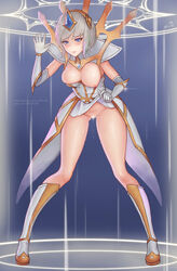 1girls blue_eyes blush boots breasts breasts_out caged cleavage clothing dripping elbow_gloves elementalist_lux eliskalti exposed_breasts female globes hairband in_container league_of_legends luxanna_crownguard nipple_slip nipples pussy pussy_juice shirt shirt_down short_hair silver_hair skirt skirt_lift spread_legs wet white_gloves wide_hips rating:Explicit score:156 user:pikachu27093