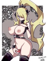 1girls 2016 alternate_hairstyle areolae black_legwear black_thighhighs blonde_hair breasts clothing crotch_rub cynthia_(pokemon) dated female hair_over_one_eye high_ponytail human human_only lamb-oic029 long_hair looking_at_viewer nintendo nipples pokemon pokemon_dppt ponytail pussy pussy_juice smile solo spread_legs standing strap text thighhighs tied_hair wet wide_hips rating:Explicit score:113 user:bot