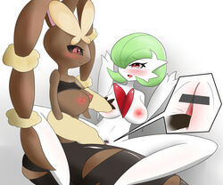 big_breasts black_sclera blush breasts eye_contact female fingering gardevoir green_hair hair_over_one_eye hand_on_breast lagomorph lopunny mammal mega_evolution mega_gardevoir mega_lopunny nintendo nipples nude open_mouth pokémon_(species) pokemon red_eyes sana!rpg smile white_skin yes!rpg yuri rating:Explicit score:8 user:bot