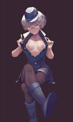 :d bare_shoulders blue-framed_glasses blue_hat blue_vest boots breasts brown_background brown_legwear clothing collar collarbone crossed_legs elizabeth_(persona) female glasses hat highres index_finger_raised legs_crossed looking_at_viewer nipples no_bra open_clothes open_dress open_mouth open_vest pantyhose parted_lips persona persona_3 rubber_boots seductive_smile semi-rimless_glasses short_hair silver_hair simple_background sitting sleeveless small_breasts smile solo teeth under-rim_glasses undressing vest white_hair xiao_chichi rating:Explicit score:120 user:bot