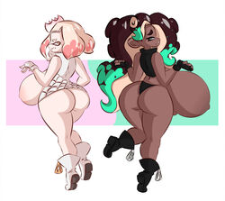 2girls alternate_breast_size ankle_boots areolae ass back_view backboob bare_shoulders beauty_mark beige_hair boots bottomless breasts_bigger_than_head crop_top crown dullvivid female female_only fingerless_gloves ghost_nipples huge_ass huge_breasts hyper hyper_breasts inkling looking_back marina_(splatoon) midriff nintendo nipple_bulge nipples octoling pearl_(splatoon) pink_hair rear_view seductive shiny_hair shortstack sideboob small_but_busty splatoon splatoon_2 tentacle_hair thick_thighs top_heavy two_tone_hair upskirt rating:Explicit score:156 user:ChazDipp