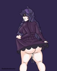 absurdres after_sex ahoge back blush bottomless cum cum_drip cum_in_pussy cum_inside dedalo dress dress_lift erect_nipples eye_bags eyelashes female hairband headband hex_maniac human long_hair looking_at_viewer looking_back pokemon pokemon_oras pokemon_xy purple_background purple_eyes purple_hair simple_background smile solo standing teeth text thick_ass thick_thighs rating:Explicit score:25 user:choustou