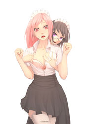 2girls artist_signature black_hair blouse bow bra breast_grab breasts buttons cleavage earrings eyelashes eyeliner female female/female female_only frilled_bra frills glasses grabbing grabbing_from_behind groping hands_up hi_res highres jewelry leartni lingerie long_hair maid maid_headdress makeup medium_breasts multiple_girls open_mouth original pink_bra pink_hair purple_eyes red_eyes shiny shiny_hair shirt skirt stockings thighhighs underwear white_legwear yuri rating:Explicit score:29 user:bot