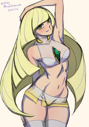 1girls aether_foundation armpits bare_shoulders blonde_hair bra breasts cleavage female_only green_eyes human long_hair lusamine_(pokemon) midriff minacream navel nintendo pokemon pokemon_sm see-through skirt solo stockings thighhighs rating:Explicit score:98 user:M-Guy