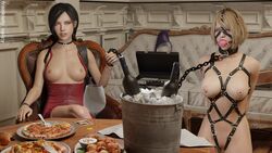 2girls 3d ada_wong ada_wong_(adriana) ashley_graham ashley_graham_(ella_freya) asian asian_female ball_gag black_hair blender blonde_female blonde_hair blonde_hair_female bob_cut bondage bondage_gear bondage_harness bondage_outfit bra bracelet bracelets breasts breasts_out briefcase brown_eyes capcom chinese chinese_female choker collar dress dress_lift dress_pull duo duo_female duo_focus female female_focus female_only food frankiely_spicy green_eyes indoor indoors leash leash_and_collar leash_pull leon_scott_kennedy naked naked_female nipple_piercing nipples nude nude_female pale-skinned_female pale_skin pierced_nipples piercing piercings pizza pussy resident_evil resident_evil_4 resident_evil_4_remake restrained short_hair slave slavegirl smile smiling smiling_at_partner suitcase vagina watch wine wine_glass rating:Explicit score:47 user:LuckyMeyer