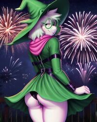 ai_generated anthro ass ass balcony belt bondage bondage_gear buns deltarune diplive7 fireworks furry glasses green_clothing looking_at_viewer male night outdoors ralsei scarf seductive_eyes skirt_lift smile toby_fox upskirt wedgie rating:Questionable score:22 user:Diplive7