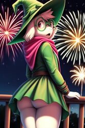 ai_generated anthro ass ass balcony belt big_eyes buns deltarune diplive7 fireworks furry glasses green_clothing looking_at_viewer male night no_panties outdoors purple_eyes ralsei remade remake remastered scarf skirt_lift suprised toby_fox tuft upskirt rating:Questionable score:23 user:Diplive7