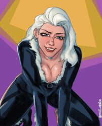 1girls black_cat_(marvel) black_leather black_outfit blue_eyes cleavage felicia_hardy leather_clothing light_skin looking_at_viewer marvel marvel_comics on_hands_and_knees sand_circles smiling_at_viewer spider-man_(series) twitter_username white_hair rating:Questionable score:18 user:Private_Geek