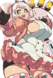 1girls absolute_territory big_breasts blue_eyes breasts elphelt_valentine frills gloves guilty_gear jacket naze pink pinup sideboob skirt spiked_hairband thigh white_hair rating:Questionable score:145 user:Pancaker112