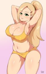 1girls arms_up big_breasts blonde_hair bra breasts cleavage erect_nipples exlic female female_only green_eyes ino_yamanaka long_hair naruto nipples panties ponytail shounen_jump solo tied_hair rating:Questionable score:85 user:justausername