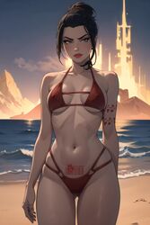 1girls ai_generated avatar_legends avatar_the_last_airbender azula beach bikini black_hair bleached breasts female fire_nation queen_of_hearts red_bikini red_lipstick small_breasts solo solo_female swimsuit tattoo thighs yellow_eyes yuroart rating:Questionable score:197 user:yuroart