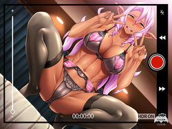 1girls ass blush bra breasts censored dark-skinned_female dark_elf dark_skin elf erect_nipples female full_body green_eyes large_breasts lilith-soft long_hair my_elf_elder_sister nobushito_kuro panties pink_hair pointy_ears recording solo sophia_ardys_fairglyn stockings rating:Explicit score:53 user:bot