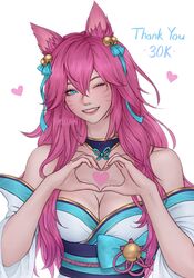 1girls ahri artelsia blue_eyes clothed clothing facial_markings female female_focus female_only fox_ears hair_ornament kemonomimi league_of_legends pink_hair smile smilling wink rating:Safe score:21 user:mydickhurtaf