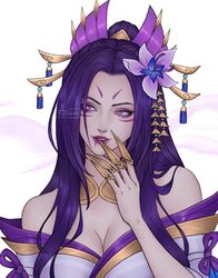 1girls artelsia bare_shoulders cassiopeia_du_couteau facial_markings female female_focus female_only hair_ornament kimono league_of_legends pink_eyes purple_hair snake_girl rating:Questionable score:27 user:mydickhurtaf