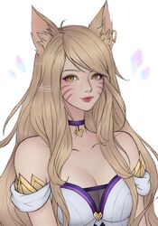 1girls ahri artelsia bare_shoulders blonde blonde_female blonde_fur blonde_hair blonde_hair_female collar female female_focus female_only fox_ears k/da_ahri league_of_legends lips shoulders yellow_eyes rating:Questionable score:25 user:mydickhurtaf