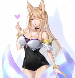 1girls ahri bare_shoulders big_breasts blonde_hair choker cleavage cute ear_fluff female female_focus female_only fox_ears fox_girl k/da_ahri league_of_legends shishiilol smile thick_thighs thighs whiskers wink rating:Questionable score:18 user:mydickhurtaf