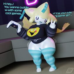  3d_(artwork) 3d_model big_breasts bubble_butt couch dialogue exposed_pussy female gamer_girl generation_3_pokemon jirachi milky_(milkyeightysix) milkyeightysix neon_lights playstation_controller pokemon pokemon_(species) shirt solo_focus tagme thick_thighs thighhighs  rating:explicit score: user:deleted107137