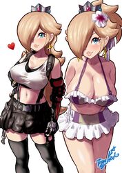 artist_signature bikini blonde_hair blue_eyes blush breasts cleavage cosplay crossover crown earrings female female_only final_fantasy final_fantasy_vii flower_in_hair hair_over_one_eye heart large_breasts looking_at_viewer mario_(series) navel nintendo princess_rosalina solo super_mario_galaxy tifa_lockhart_(cosplay) white_background yamino_ekakinin rating:Questionable score:89 user:Mudlover