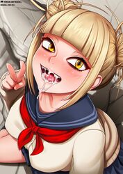 blonde_hair blush blush_lines blushing_at_viewer cum cum_in_mouth cum_inside double_bun hair_bun himiko_toga looking_at_viewer my_hero_academia neocoill open_mouth peace_sign school_uniform schoolgirl skirt yellow_eyes rating:Explicit score:355 user:Neop0litan