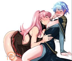 2girls blue_hair blush breast_sucking breasts_out closed_eyes female female_only fire_emblem fire_emblem:_three_houses hilda_valentine_goneril kukumomo looking_pleasured marianne_von_edmund moaning partially_clothed pink_hair sucking_nipples white_background yuri rating:Explicit score:277 user:mitsooru